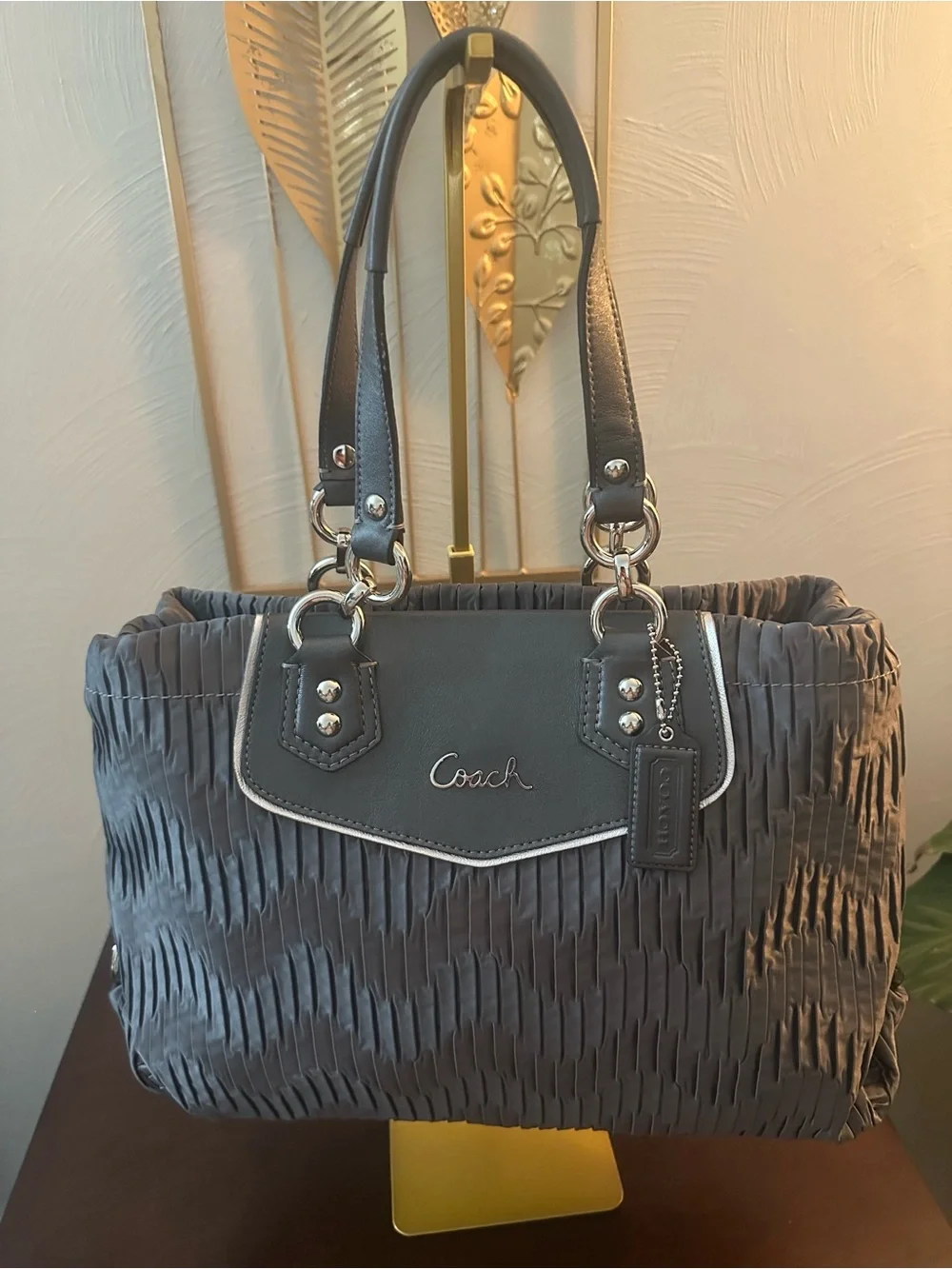 Coach 2012 Ashley F20050 Pleated Patent Trim Tote Bag in Silver Mauve-Pink